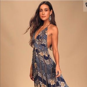 Lulus Annalisa Blue Floral Print Halter Maxi Dress